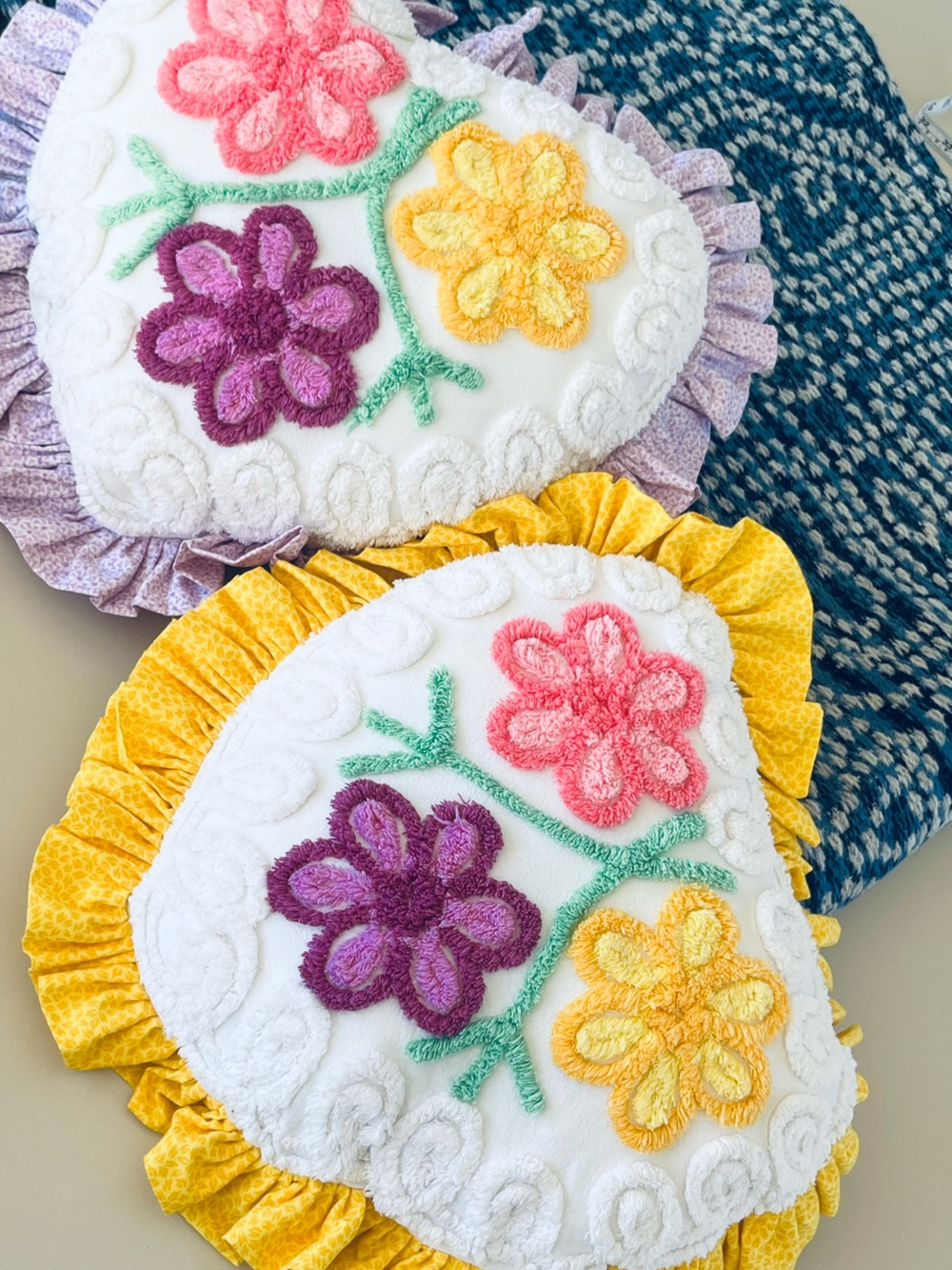 vintage chenille tufted floral embroidery heart shaped throw pillows